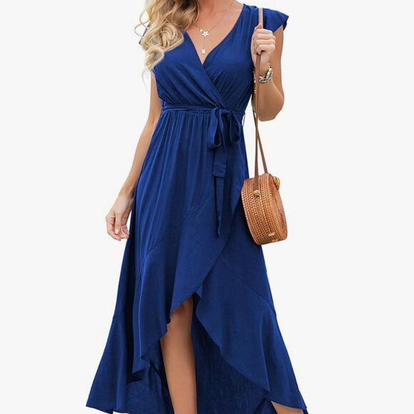 Grecerelle Boho Navy Blue V-Neck Faux Wrap. Maxi Dress. Medium *No Belt - Picture 4 of 11